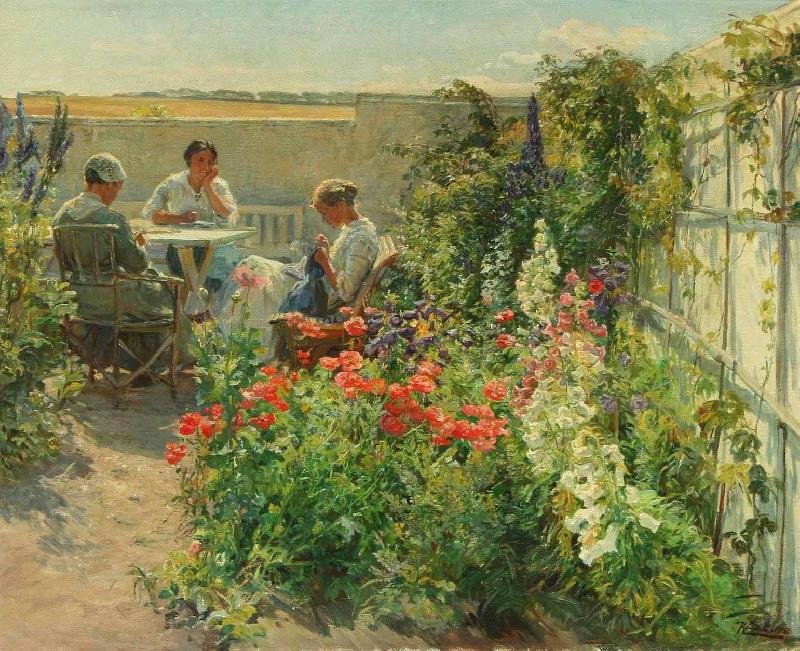 Knud Bergslien Blomstrende haveeksterir med tre kvinder ved et bord Sweden oil painting art